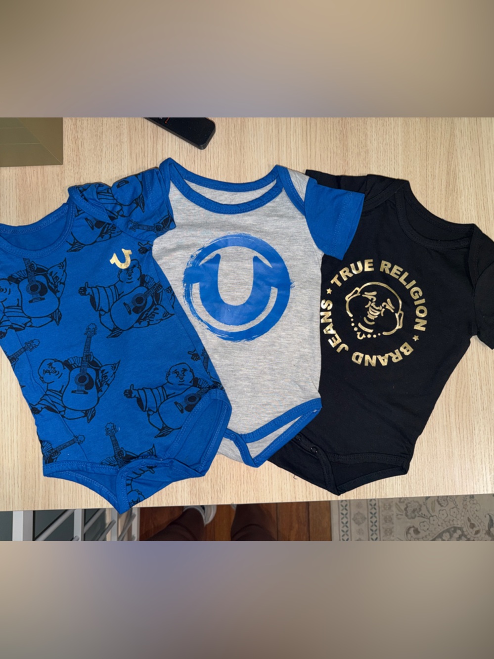 True Religion Baby Bodysuit Set - Blue, Gray, Black